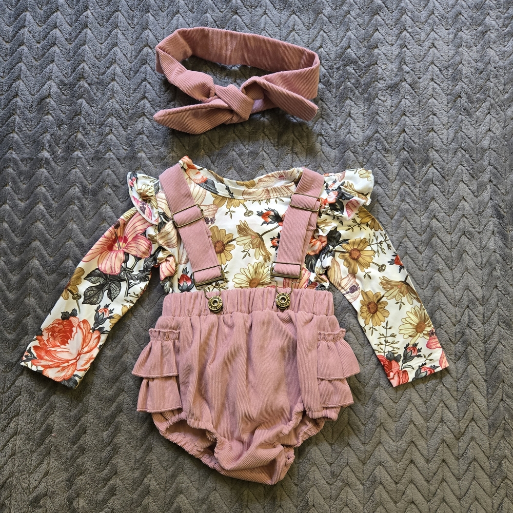 Vintage Floral Ruffle Romper Set Baby Girl Corduroy Suspender Bloomer Outfit